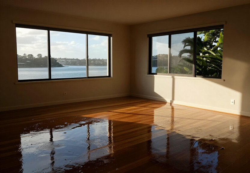 Flood-damaged living room in Menai Central before restoration